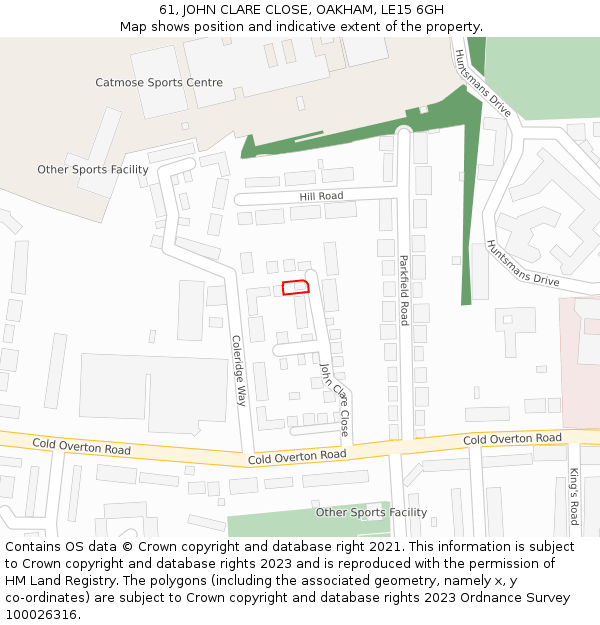 61, JOHN CLARE CLOSE, OAKHAM, LE15 6GH: Location map and indicative extent of plot