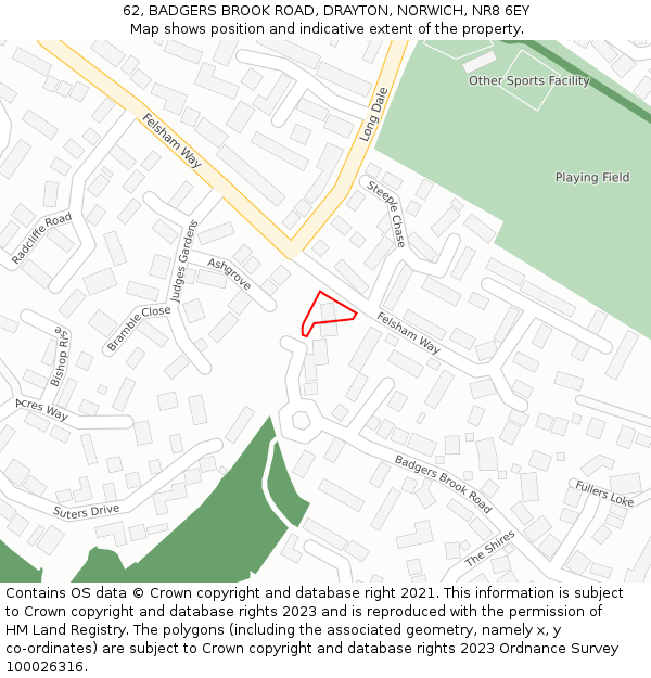 62, BADGERS BROOK ROAD, DRAYTON, NORWICH, NR8 6EY: Location map and indicative extent of plot