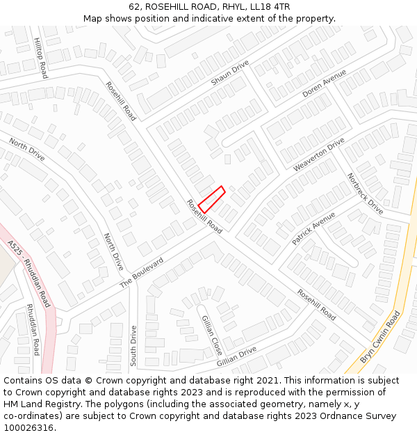 62, ROSEHILL ROAD, RHYL, LL18 4TR: Location map and indicative extent of plot