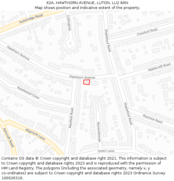 62A, HAWTHORN AVENUE, LUTON, LU2 8AN: Location map and indicative extent of plot