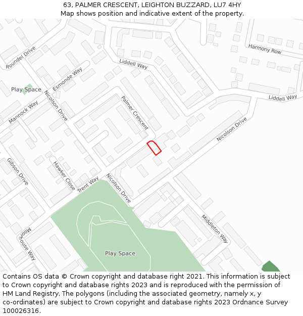 63, PALMER CRESCENT, LEIGHTON BUZZARD, LU7 4HY: Location map and indicative extent of plot