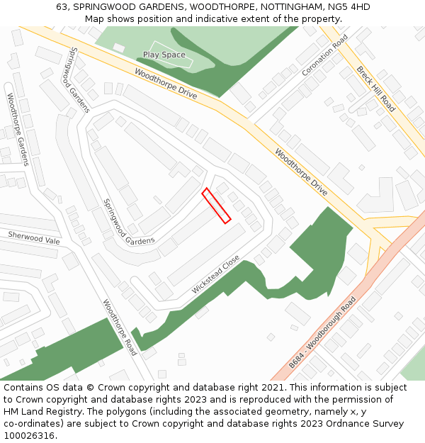 63, SPRINGWOOD GARDENS, WOODTHORPE, NOTTINGHAM, NG5 4HD: Location map and indicative extent of plot