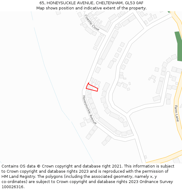 65, HONEYSUCKLE AVENUE, CHELTENHAM, GL53 0AF: Location map and indicative extent of plot