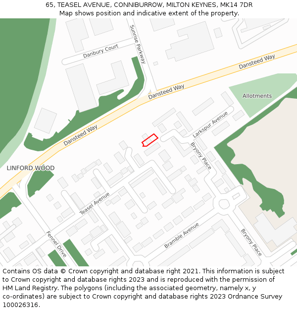 65, TEASEL AVENUE, CONNIBURROW, MILTON KEYNES, MK14 7DR: Location map and indicative extent of plot