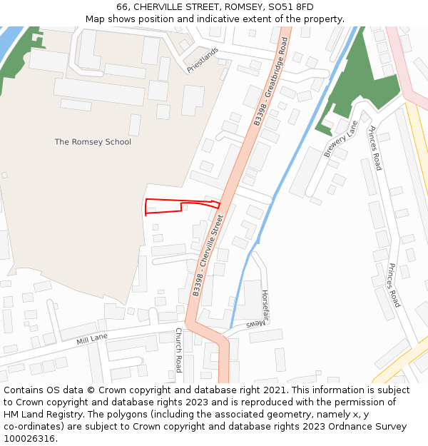 66, CHERVILLE STREET, ROMSEY, SO51 8FD: Location map and indicative extent of plot