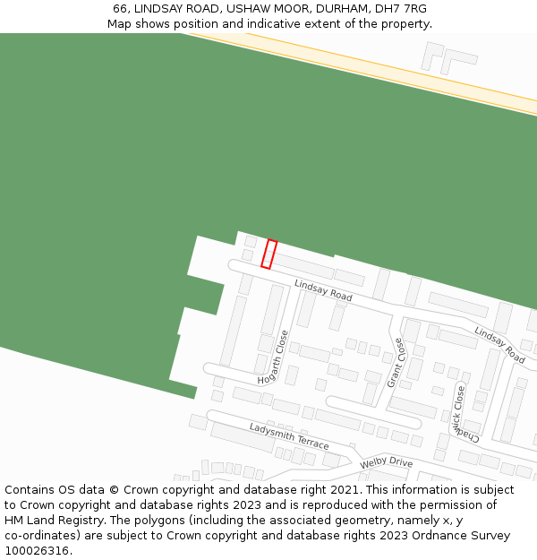 66, LINDSAY ROAD, USHAW MOOR, DURHAM, DH7 7RG: Location map and indicative extent of plot