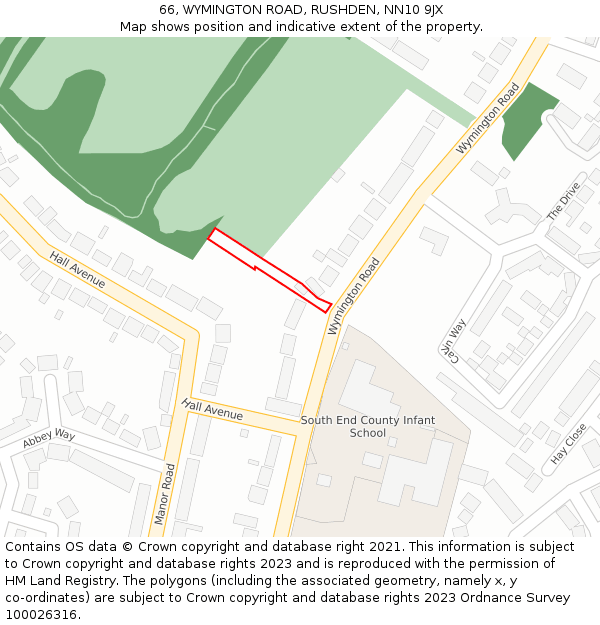 66, WYMINGTON ROAD, RUSHDEN, NN10 9JX: Location map and indicative extent of plot