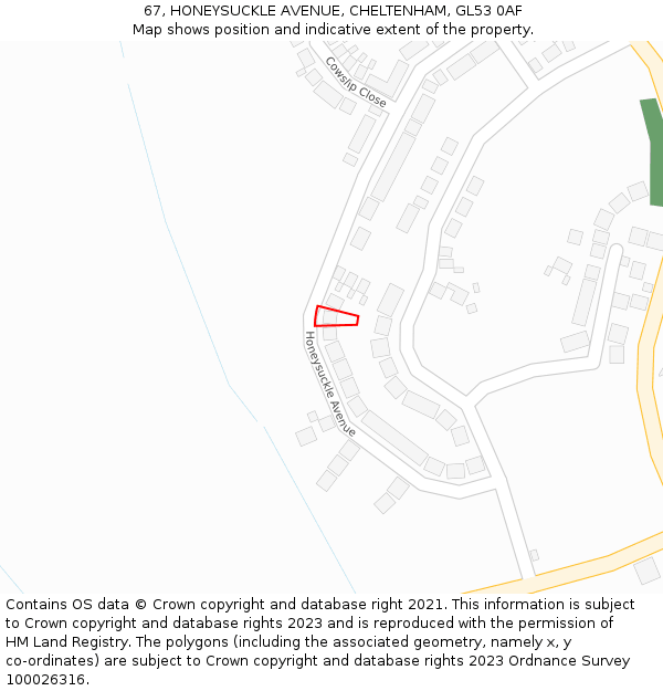 67, HONEYSUCKLE AVENUE, CHELTENHAM, GL53 0AF: Location map and indicative extent of plot