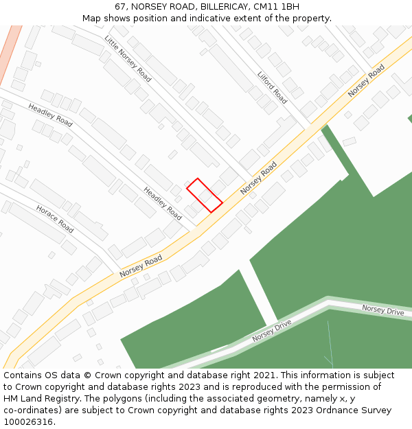 67, NORSEY ROAD, BILLERICAY, CM11 1BH: Location map and indicative extent of plot