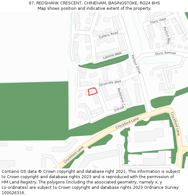 67, REDSHANK CRESCENT, CHINEHAM, BASINGSTOKE, RG24 8HS: Location map and indicative extent of plot