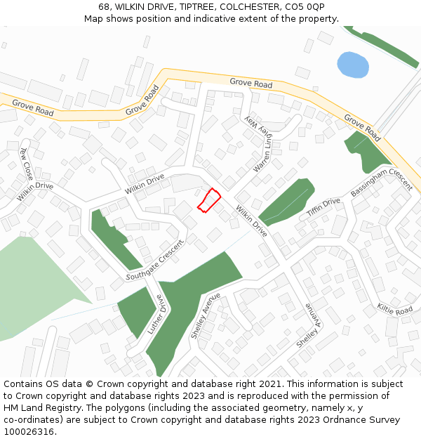 68, WILKIN DRIVE, TIPTREE, COLCHESTER, CO5 0QP: Location map and indicative extent of plot