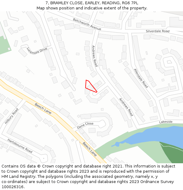 7, BRAMLEY CLOSE, EARLEY, READING, RG6 7PL: Location map and indicative extent of plot