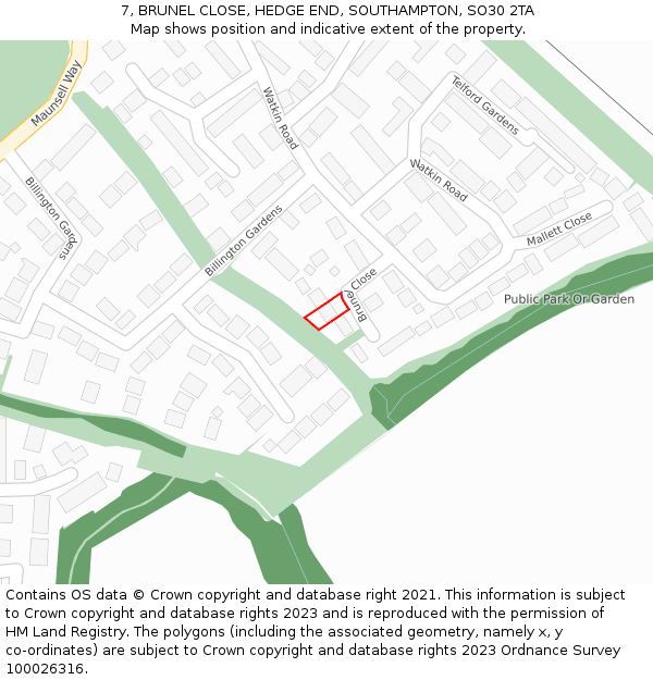 7, BRUNEL CLOSE, HEDGE END, SOUTHAMPTON, SO30 2TA: Location map and indicative extent of plot