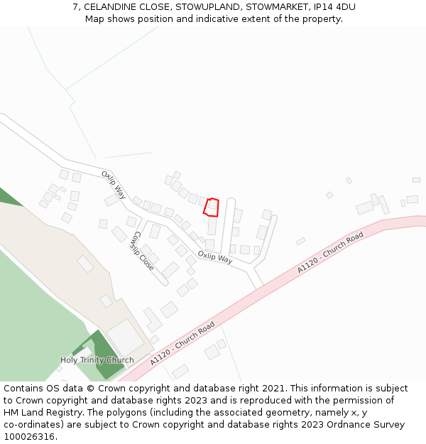 7, CELANDINE CLOSE, STOWUPLAND, STOWMARKET, IP14 4DU: Location map and indicative extent of plot