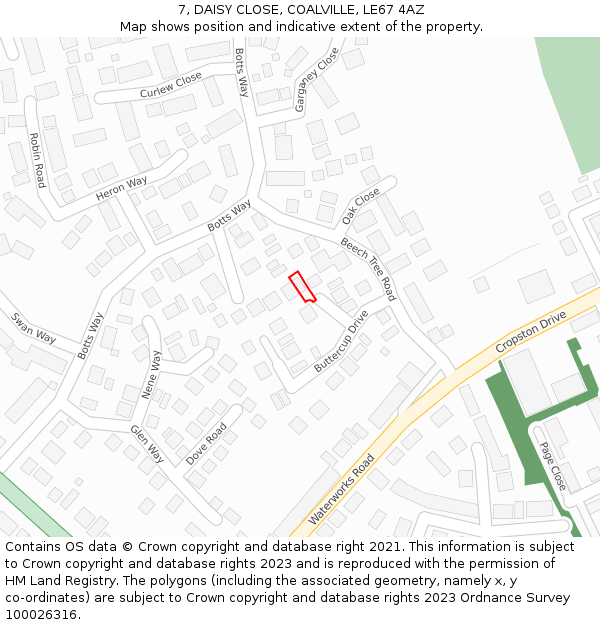 7, DAISY CLOSE, COALVILLE, LE67 4AZ: Location map and indicative extent of plot