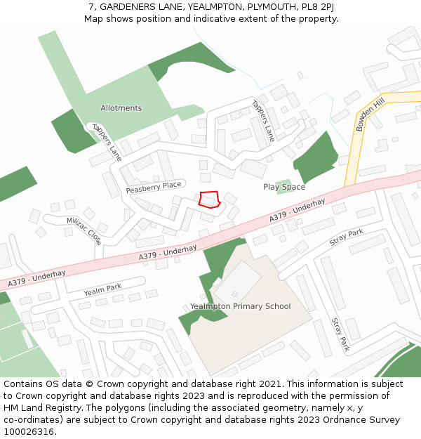 7, GARDENERS LANE, YEALMPTON, PLYMOUTH, PL8 2PJ: Location map and indicative extent of plot