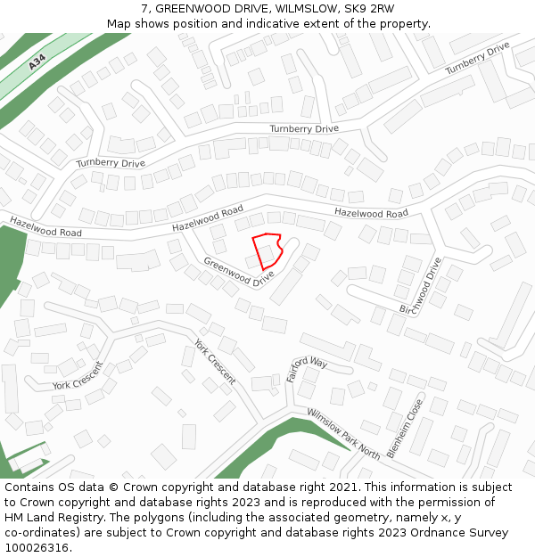 7, GREENWOOD DRIVE, WILMSLOW, SK9 2RW: Location map and indicative extent of plot