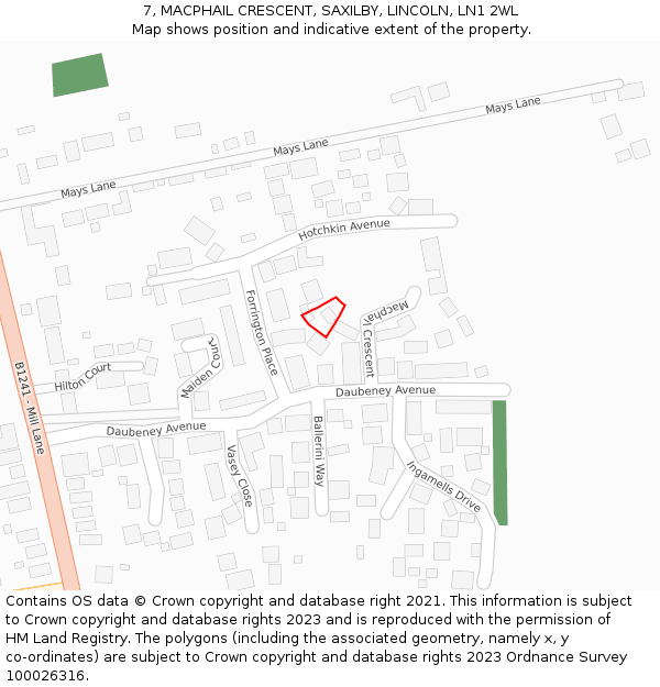 7, MACPHAIL CRESCENT, SAXILBY, LINCOLN, LN1 2WL: Location map and indicative extent of plot