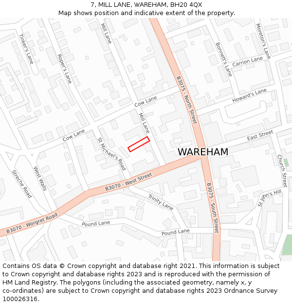 7, MILL LANE, WAREHAM, BH20 4QX: Location map and indicative extent of plot