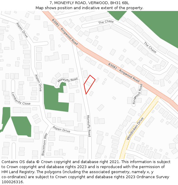 7, MONEYFLY ROAD, VERWOOD, BH31 6BL: Location map and indicative extent of plot