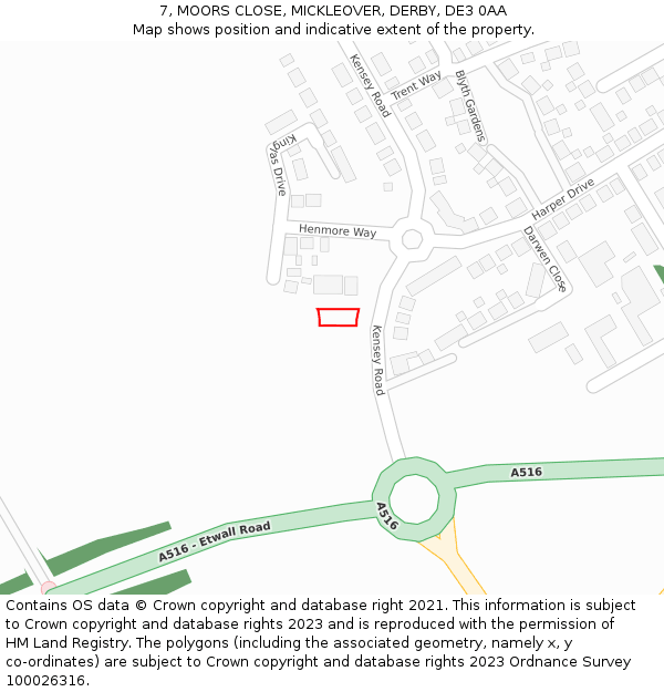 7, MOORS CLOSE, MICKLEOVER, DERBY, DE3 0AA: Location map and indicative extent of plot