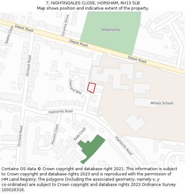 7, NIGHTINGALES CLOSE, HORSHAM, RH13 5LB: Location map and indicative extent of plot