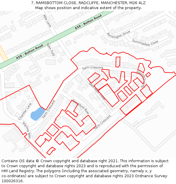 7, RAMSBOTTOM CLOSE, RADCLIFFE, MANCHESTER, M26 4LZ: Location map and indicative extent of plot