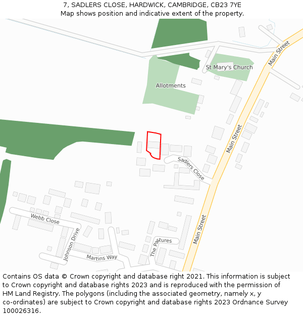 7, SADLERS CLOSE, HARDWICK, CAMBRIDGE, CB23 7YE: Location map and indicative extent of plot