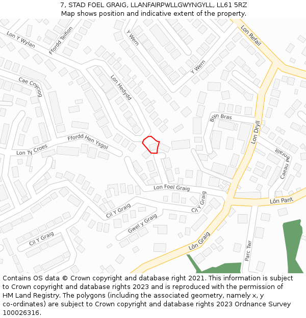 7, STAD FOEL GRAIG, LLANFAIRPWLLGWYNGYLL, LL61 5RZ: Location map and indicative extent of plot