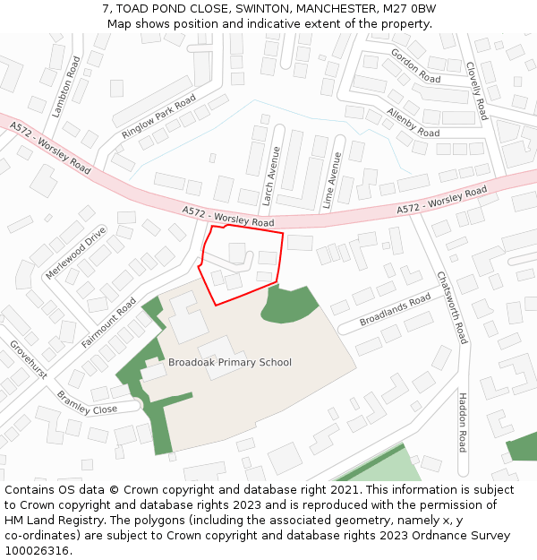 7, TOAD POND CLOSE, SWINTON, MANCHESTER, M27 0BW: Location map and indicative extent of plot