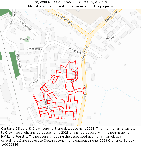 70, POPLAR DRIVE, COPPULL, CHORLEY, PR7 4LS: Location map and indicative extent of plot