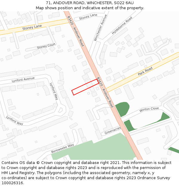 71, ANDOVER ROAD, WINCHESTER, SO22 6AU: Location map and indicative extent of plot