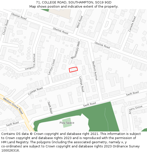 71, COLLEGE ROAD, SOUTHAMPTON, SO19 9GD: Location map and indicative extent of plot