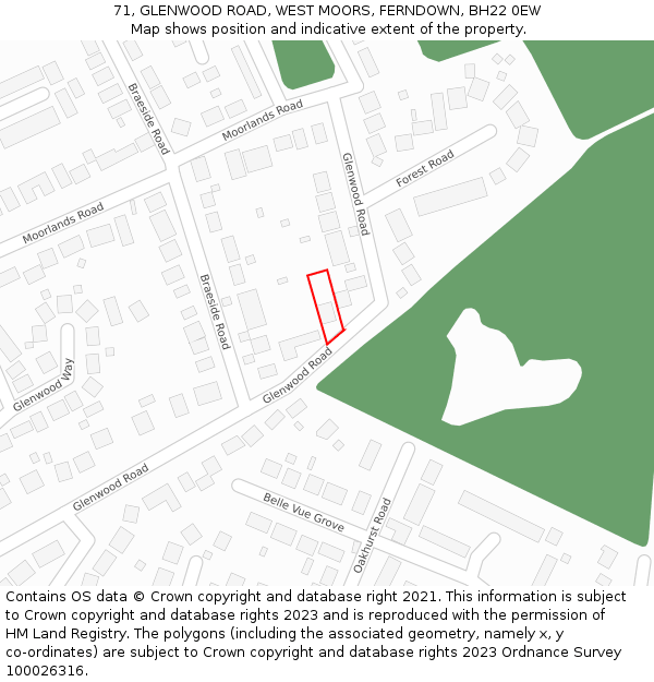 71, GLENWOOD ROAD, WEST MOORS, FERNDOWN, BH22 0EW: Location map and indicative extent of plot