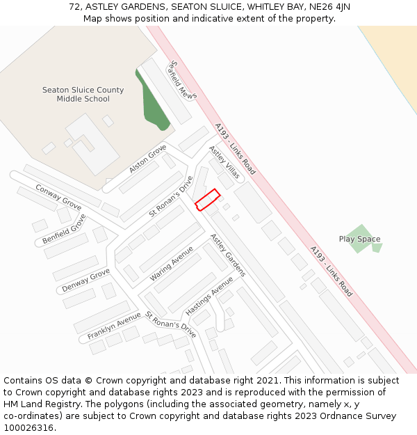 72, ASTLEY GARDENS, SEATON SLUICE, WHITLEY BAY, NE26 4JN: Location map and indicative extent of plot