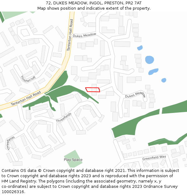 72, DUKES MEADOW, INGOL, PRESTON, PR2 7AT: Location map and indicative extent of plot