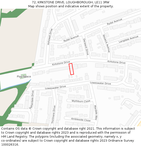 72, KIRKSTONE DRIVE, LOUGHBOROUGH, LE11 3RW: Location map and indicative extent of plot