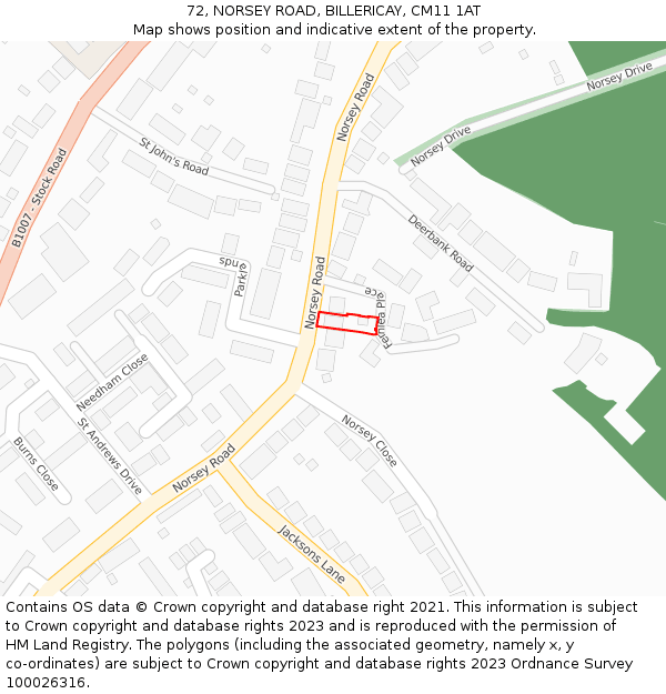 72, NORSEY ROAD, BILLERICAY, CM11 1AT: Location map and indicative extent of plot