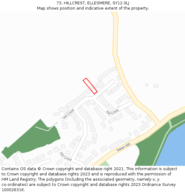 73, HILLCREST, ELLESMERE, SY12 0LJ: Location map and indicative extent of plot