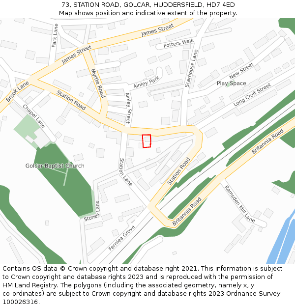 73, STATION ROAD, GOLCAR, HUDDERSFIELD, HD7 4ED: Location map and indicative extent of plot