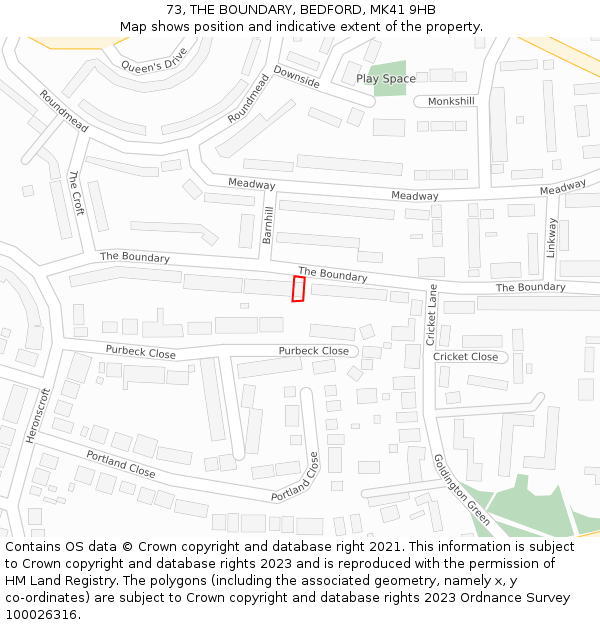 73, THE BOUNDARY, BEDFORD, MK41 9HB: Location map and indicative extent of plot