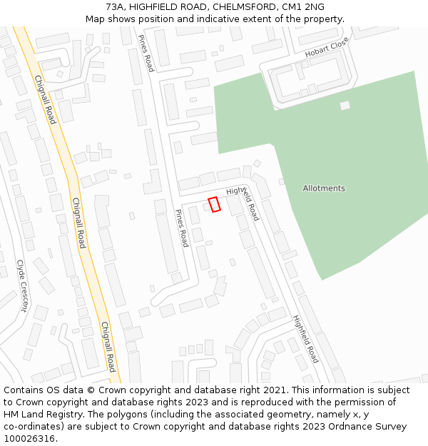 73A, HIGHFIELD ROAD, CHELMSFORD, CM1 2NG: Location map and indicative extent of plot