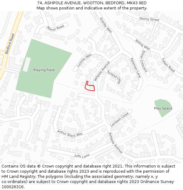 74, ASHPOLE AVENUE, WOOTTON, BEDFORD, MK43 9ED: Location map and indicative extent of plot