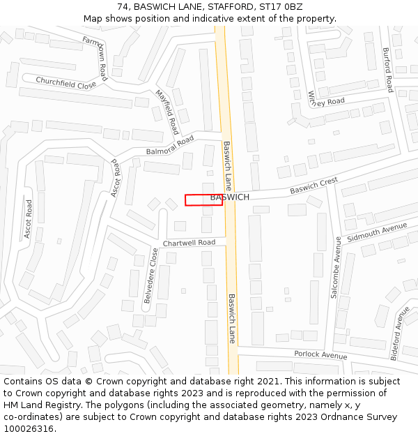 74, BASWICH LANE, STAFFORD, ST17 0BZ: Location map and indicative extent of plot