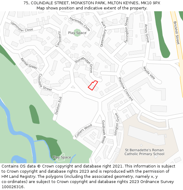 75, COLINDALE STREET, MONKSTON PARK, MILTON KEYNES, MK10 9PX: Location map and indicative extent of plot