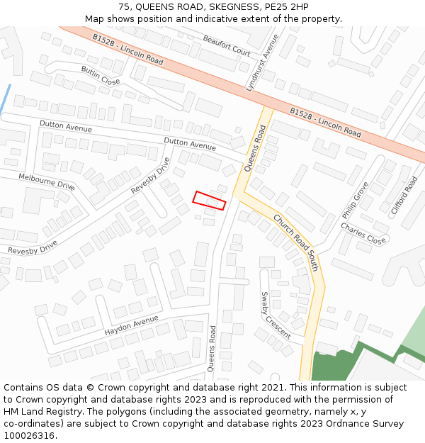 75, QUEENS ROAD, SKEGNESS, PE25 2HP: Location map and indicative extent of plot