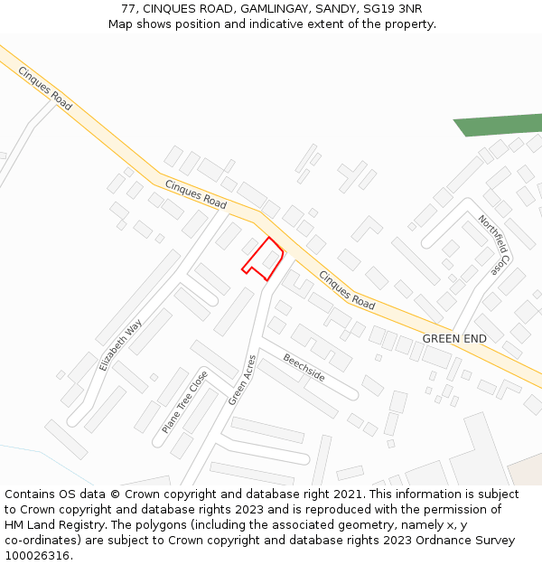 77, CINQUES ROAD, GAMLINGAY, SANDY, SG19 3NR: Location map and indicative extent of plot