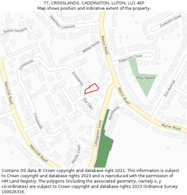 77, CROSSLANDS, CADDINGTON, LUTON, LU1 4EP: Location map and indicative extent of plot