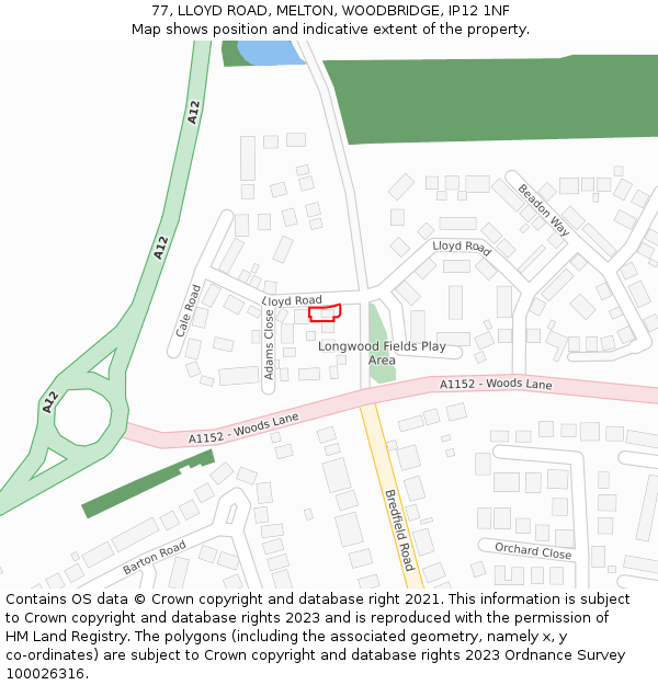 77, LLOYD ROAD, MELTON, WOODBRIDGE, IP12 1NF: Location map and indicative extent of plot