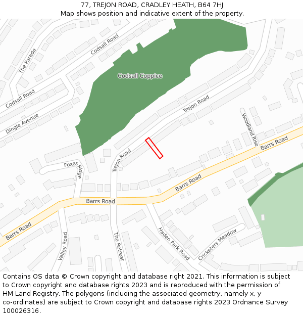 77, TREJON ROAD, CRADLEY HEATH, B64 7HJ: Location map and indicative extent of plot